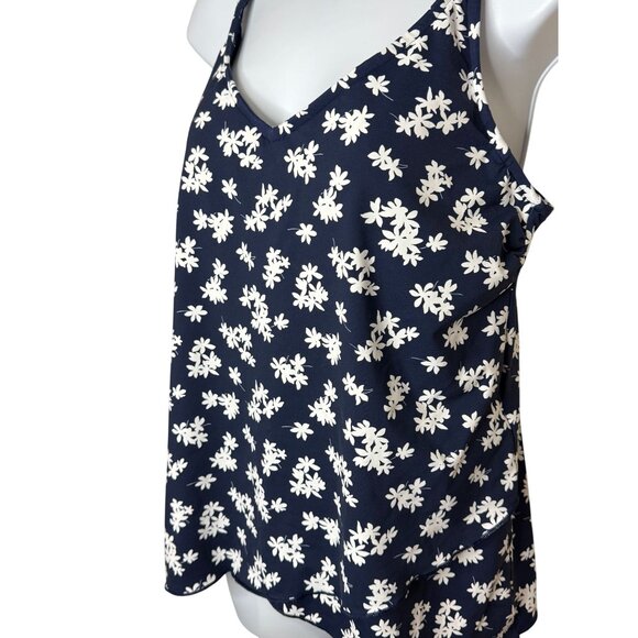 Lands' End Navy White Floral Tankini Swim Top Layered Front Adj Strap Sz M 10-12 - Picture 2 of 7
